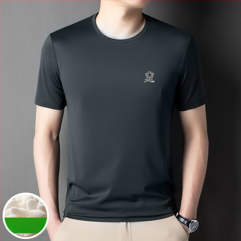 Pánske tričko z Ice Silk s Mulberry hodvábom 71–80%, úzky strih, okrúhly výstrih, krátke rukávy, geometrická potlač, leto 2025