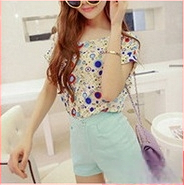 Dámska šifónová blúzka s potlačou, voľný strih, bat rukáv, okrúhly výstrih, letný top, dĺžka 50–65 cm