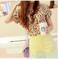 Dámska šifónová blúzka s potlačou, voľný strih, bat rukáv, okrúhly výstrih, letný top, dĺžka 50–65 cm