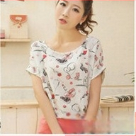 Dámska šifónová blúzka s potlačou, voľný strih, bat rukáv, okrúhly výstrih, letný top, dĺžka 50–65 cm