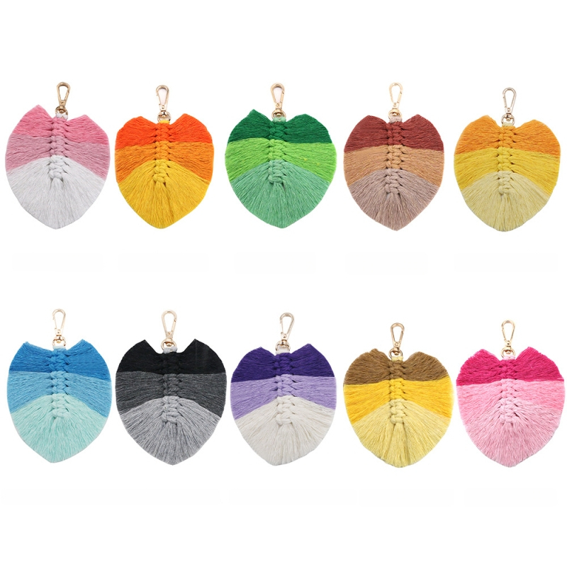 Κλειδοθήκη με χειροποίητο πλεκτό φύλλο, μποέμ φούντα με φτερά, 91–100% βαμβάκι, ριγέ μοτίβο, τετράγωνο σχήμα