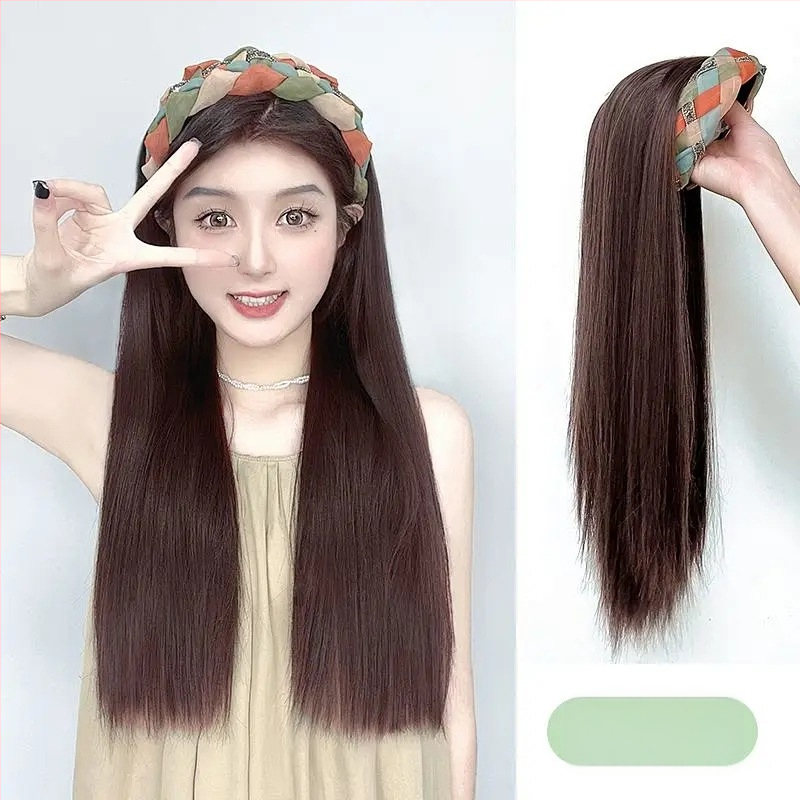 Fejpántos paróka, hosszú egyenes haj, magas koronázat, egy darabból álló félfejfedés, állítható frufni (egyenes vagy ferde), AT358 AT381 modellek, hőálló szál, természetes megjelenés