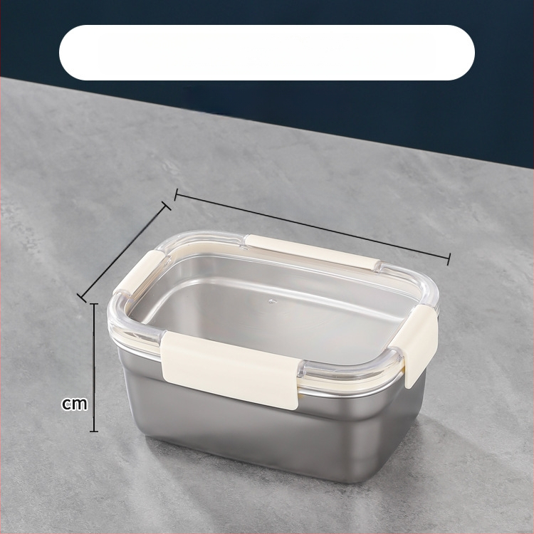 Téglalap alakú 304 rozsdamentes acél élelmiszertároló doboz, hermetikus záródású, hűtő- és fagyasztó használatra; kapacitások: 501–800 ml, 1–2 L, 3.1–4 L