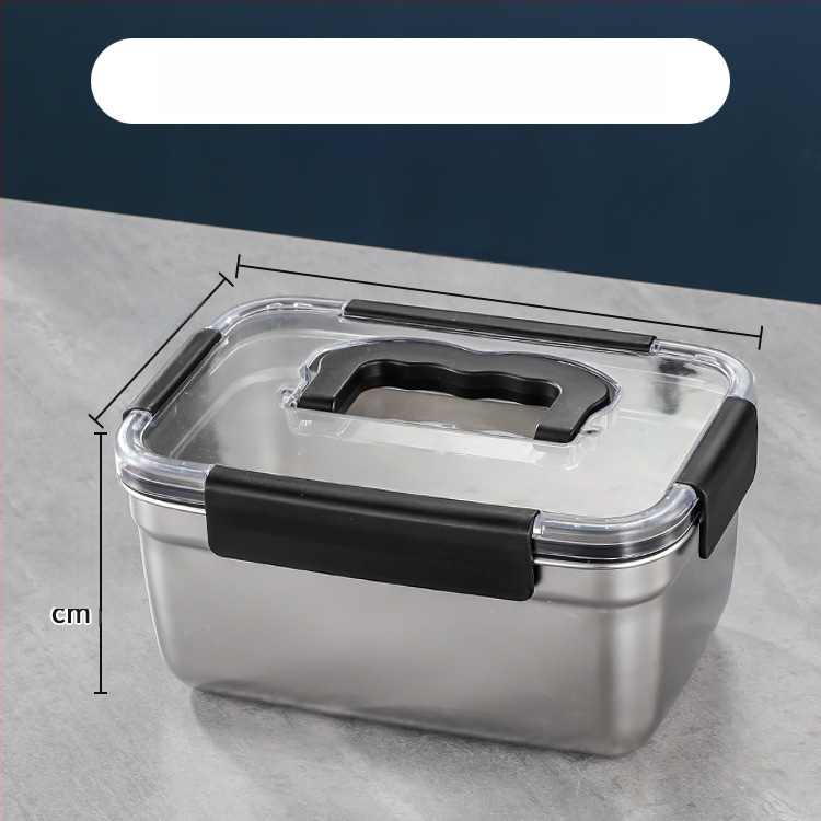 Téglalap alakú 304 rozsdamentes acél élelmiszertároló doboz, hermetikus záródású, hűtő- és fagyasztó használatra; kapacitások: 501–800 ml, 1–2 L, 3.1–4 L