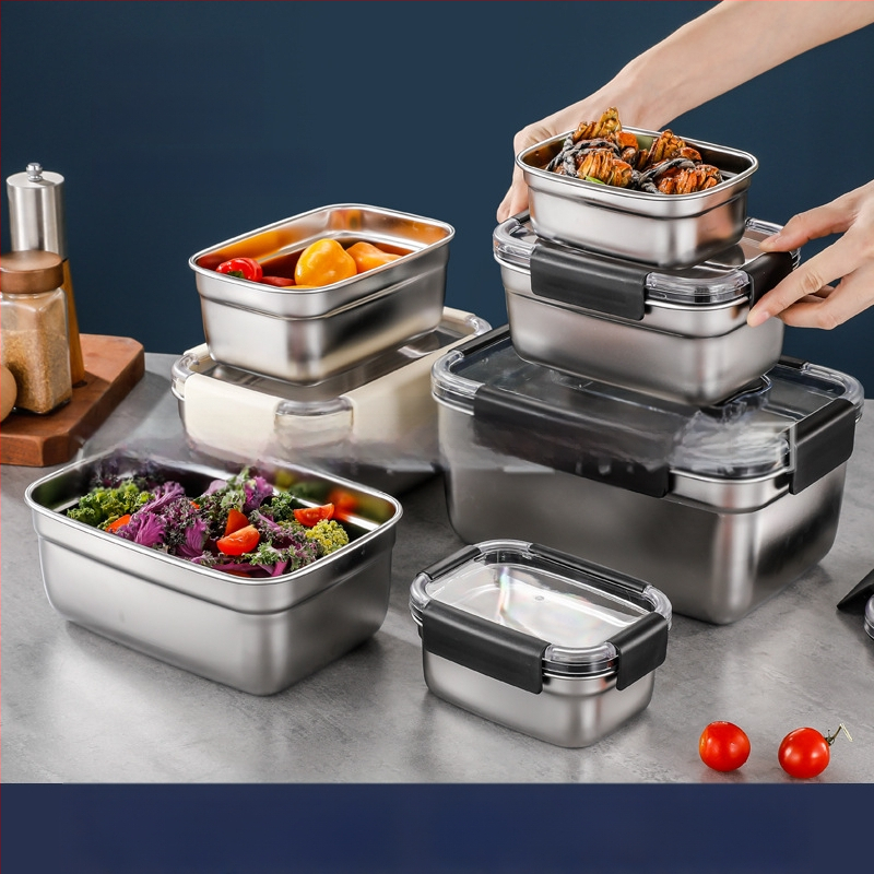 Téglalap alakú 304 rozsdamentes acél élelmiszertároló doboz, hermetikus záródású, hűtő- és fagyasztó használatra; kapacitások: 501–800 ml, 1–2 L, 3.1–4 L