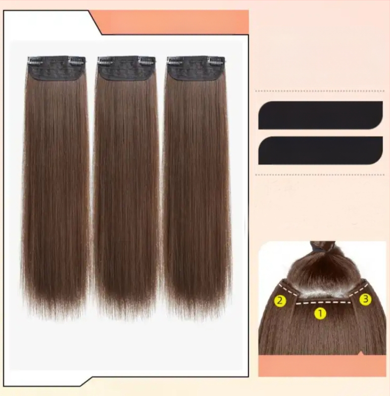 Perucă din trei părți pentru femei cu păr lung drept, stil natural, volum din mătase autohtonă, fără urme vizibile de conectare