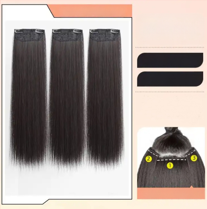 Perucă din trei părți pentru femei cu păr lung drept, stil natural, volum din mătase autohtonă, fără urme vizibile de conectare