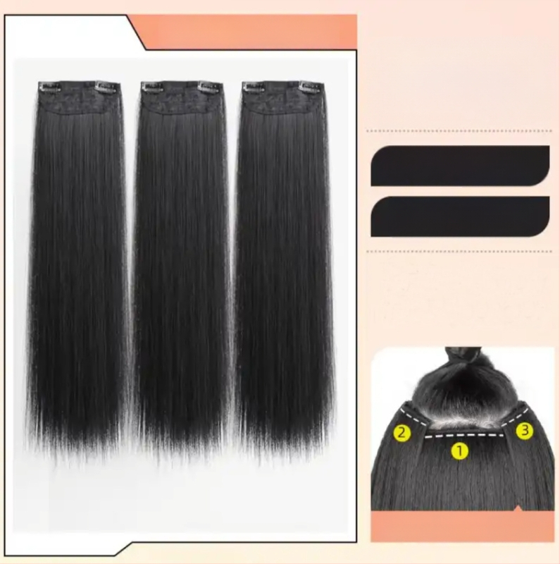 Perucă din trei părți pentru femei cu păr lung drept, stil natural, volum din mătase autohtonă, fără urme vizibile de conectare