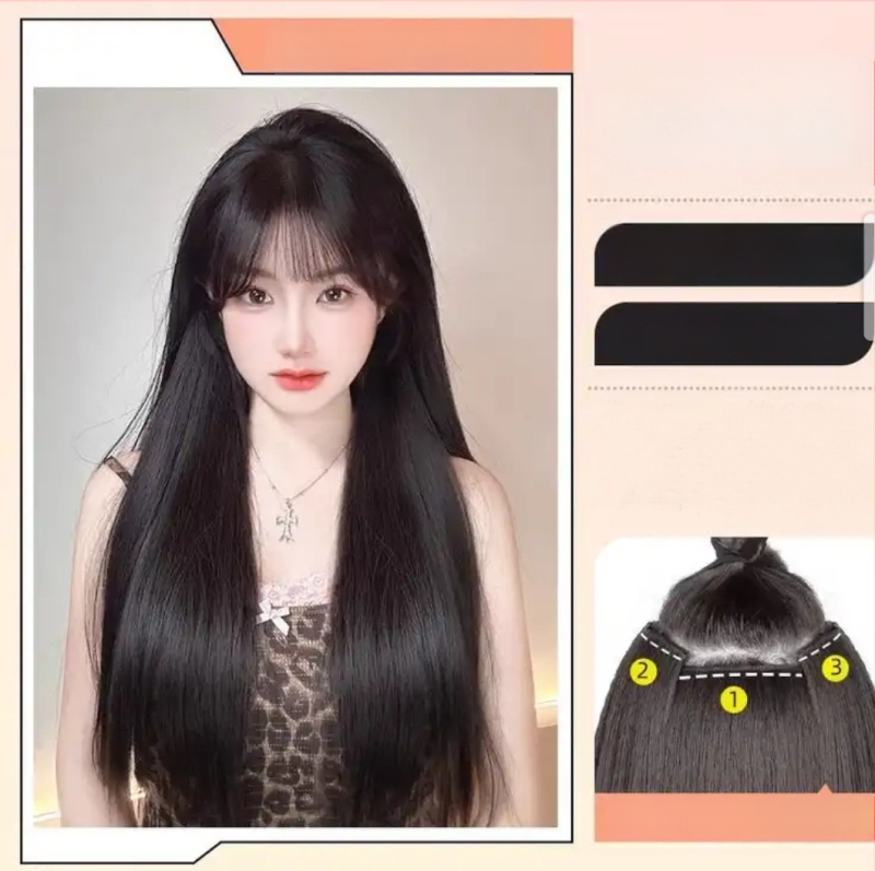 Perucă din trei părți pentru femei cu păr lung drept, stil natural, volum din mătase autohtonă, fără urme vizibile de conectare