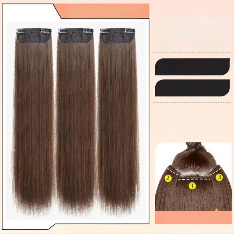 Perucă din trei părți pentru femei cu păr lung drept, stil natural, volum din mătase autohtonă, fără urme vizibile de conectare