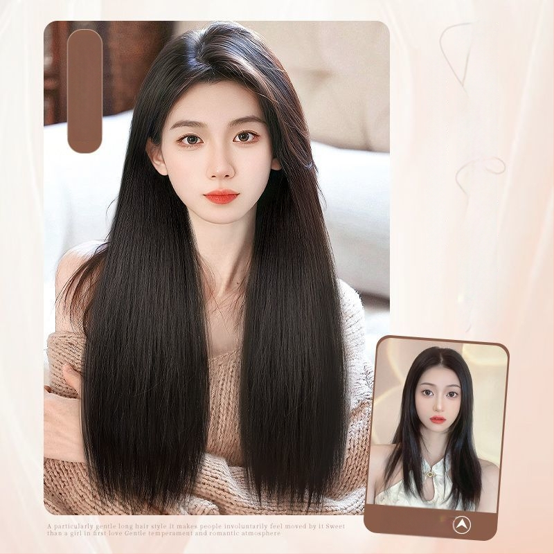 Perucă din trei părți pentru femei cu păr lung drept, stil natural, volum din mătase autohtonă, fără urme vizibile de conectare