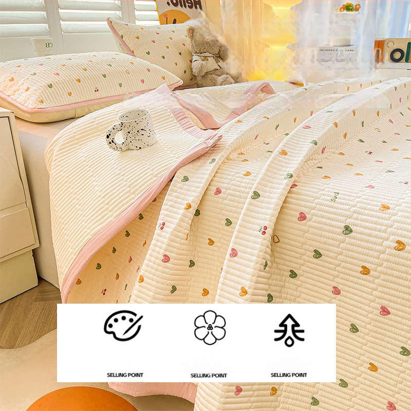 Acoperire pat din tifon dublu strat, husă antiderapantă în stil tatami pentru saltea, set de 3 piese, imprimeu cu desene animate, vopsire reactiva, fibre sintetice