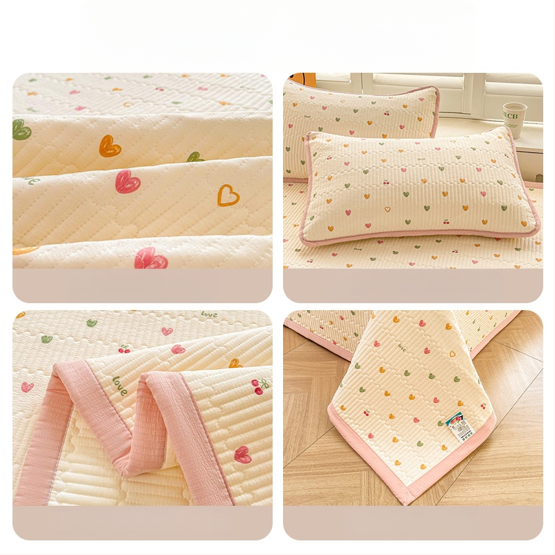 Acoperire pat din tifon dublu strat, husă antiderapantă în stil tatami pentru saltea, set de 3 piese, imprimeu cu desene animate, vopsire reactiva, fibre sintetice