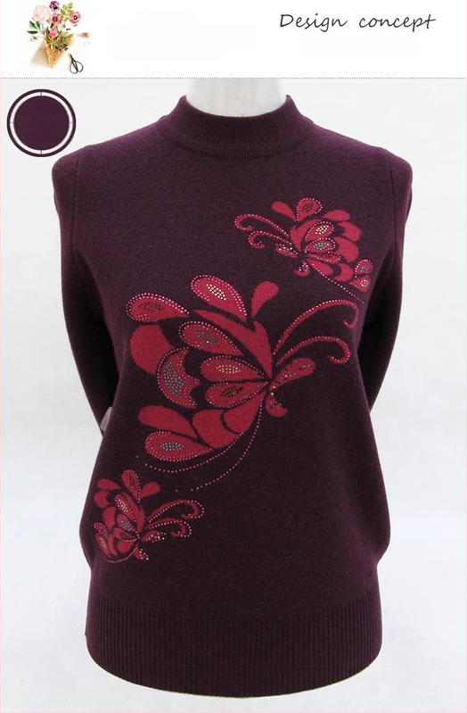 Dámsky vlnený sveter s polovičným golierom, voľný strih, kvetinová výšivka, dlhé rukávy