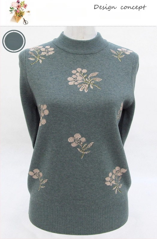 Dámsky vlnený sveter s polovičným golierom, voľný strih, kvetinová výšivka, dlhé rukávy