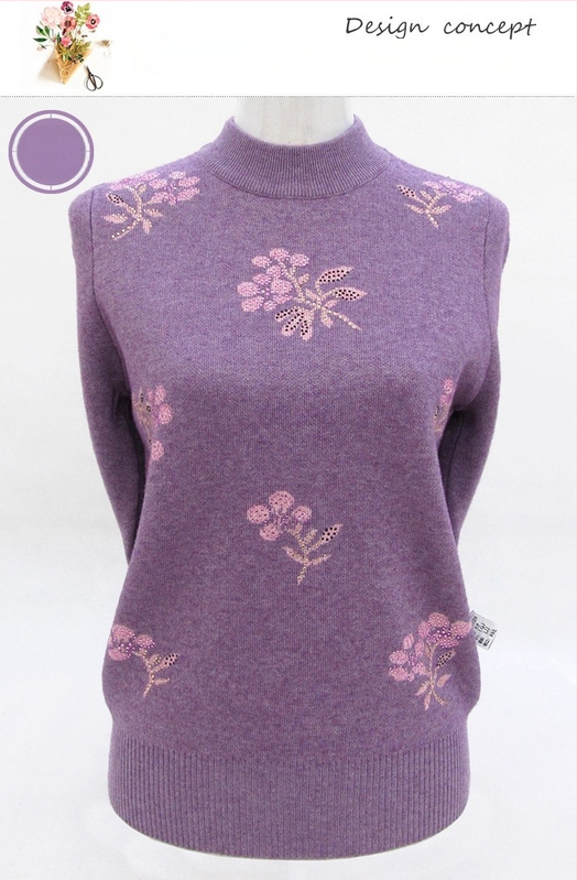 Dámsky vlnený sveter s polovičným golierom, voľný strih, kvetinová výšivka, dlhé rukávy