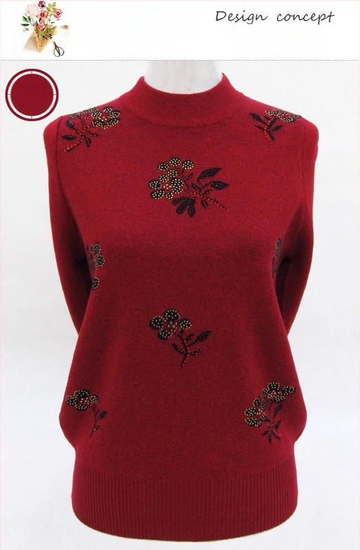 Dámsky vlnený sveter s polovičným golierom, voľný strih, kvetinová výšivka, dlhé rukávy