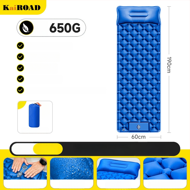 Kempingezéshez felfújható matrac – ultrakönnyű, hordozható és csatlakoztatható; Anyag: bőrbarát szövet + magas rugalmasságú hab; 1–2 fő számára; Nettó súly: 3000 g; Automatikus felfújás