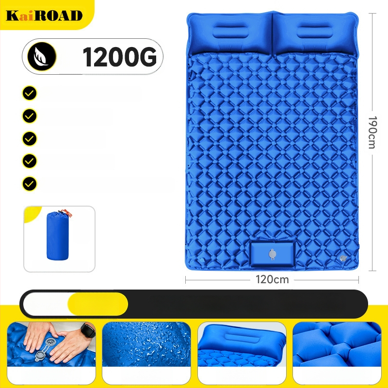 Kempingezéshez felfújható matrac – ultrakönnyű, hordozható és csatlakoztatható; Anyag: bőrbarát szövet + magas rugalmasságú hab; 1–2 fő számára; Nettó súly: 3000 g; Automatikus felfújás
