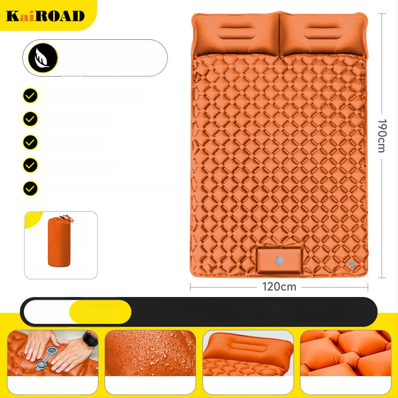 Kempingezéshez felfújható matrac – ultrakönnyű, hordozható és csatlakoztatható; Anyag: bőrbarát szövet + magas rugalmasságú hab; 1–2 fő számára; Nettó súly: 3000 g; Automatikus felfújás