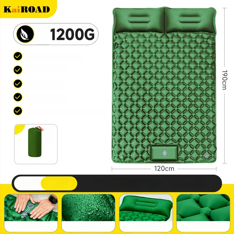 Kempingezéshez felfújható matrac – ultrakönnyű, hordozható és csatlakoztatható; Anyag: bőrbarát szövet + magas rugalmasságú hab; 1–2 fő számára; Nettó súly: 3000 g; Automatikus felfújás