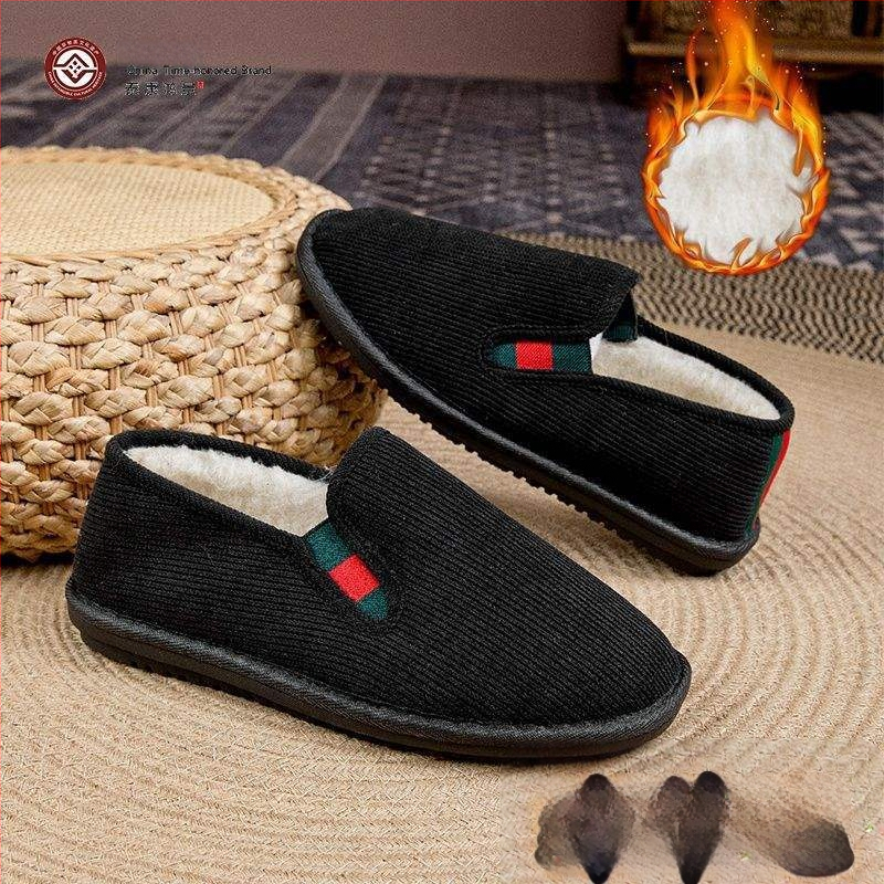 Χειμερινά παπούτσια από ύφασμα με επένδυση μαλλιού, στρογγυλή μύτη, επάνω μέρος από συνθετικό βελούδο, σόλα από αφρώδες καουτσούκ, χαμηλό τακούνι, αντιολισθητικά