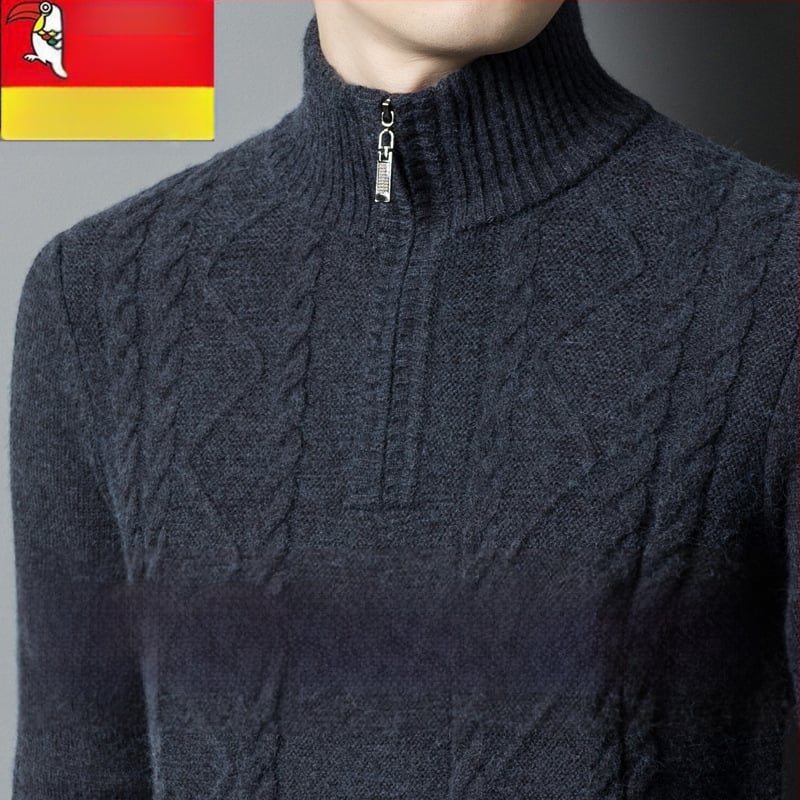 Férfiaknak készült kasmír keverék pulóver fél-zip gallérral, vastag kötött, lazán illeszkedik, gyapjú tartalom 86–90%