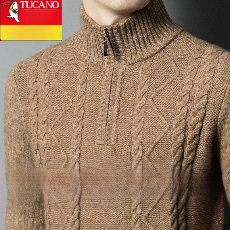 Férfiaknak készült kasmír keverék pulóver fél-zip gallérral, vastag kötött, lazán illeszkedik, gyapjú tartalom 86–90%