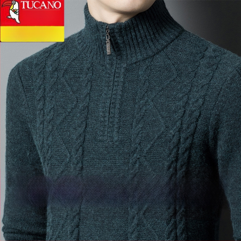 Férfiaknak készült kasmír keverék pulóver fél-zip gallérral, vastag kötött, lazán illeszkedik, gyapjú tartalom 86–90%