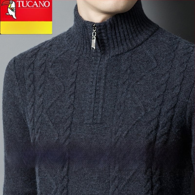 Férfiaknak készült kasmír keverék pulóver fél-zip gallérral, vastag kötött, lazán illeszkedik, gyapjú tartalom 86–90%
