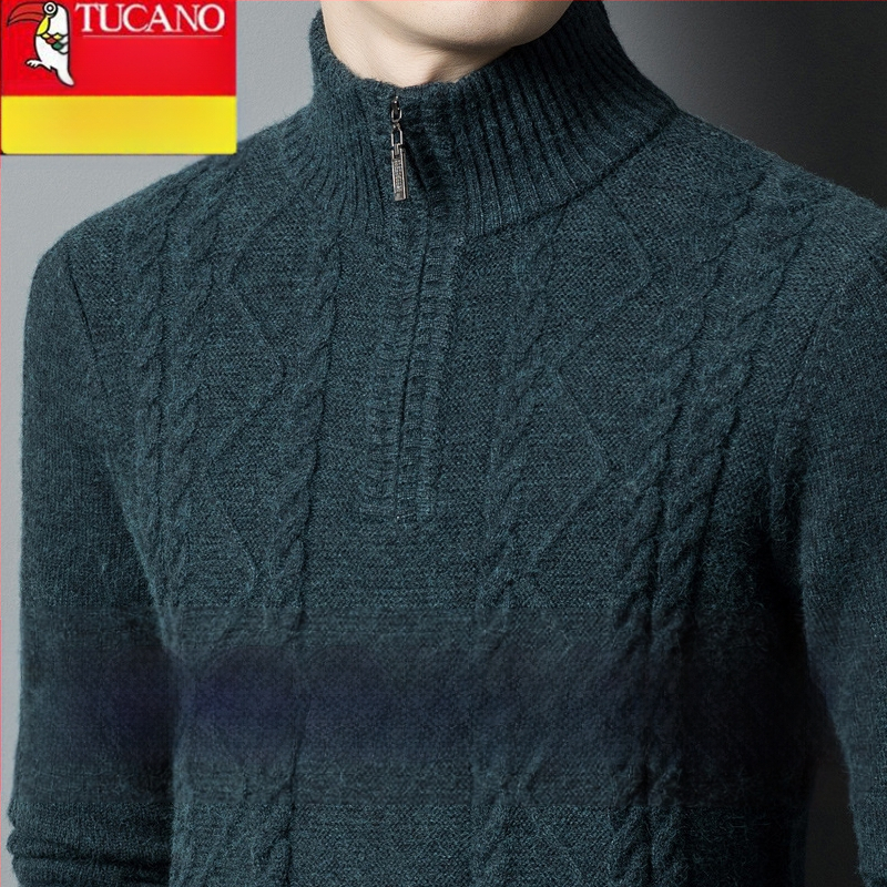 Férfiaknak készült kasmír keverék pulóver fél-zip gallérral, vastag kötött, lazán illeszkedik, gyapjú tartalom 86–90%