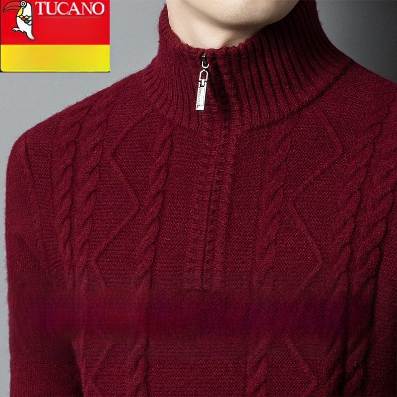 Férfiaknak készült kasmír keverék pulóver fél-zip gallérral, vastag kötött, lazán illeszkedik, gyapjú tartalom 86–90%