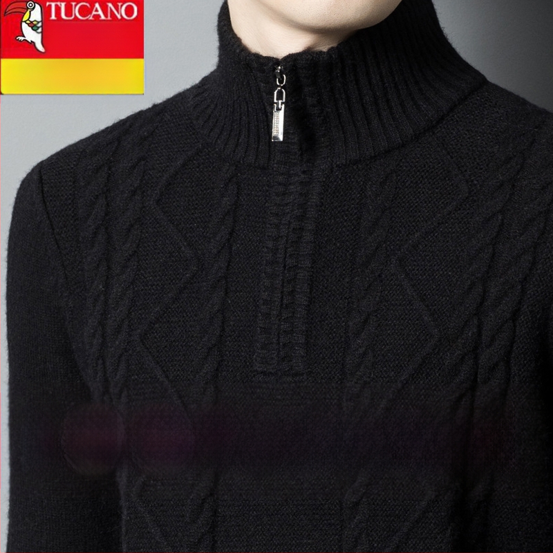 Férfiaknak készült kasmír keverék pulóver fél-zip gallérral, vastag kötött, lazán illeszkedik, gyapjú tartalom 86–90%