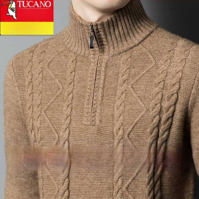 Férfiaknak készült kasmír keverék pulóver fél-zip gallérral, vastag kötött, lazán illeszkedik, gyapjú tartalom 86–90%