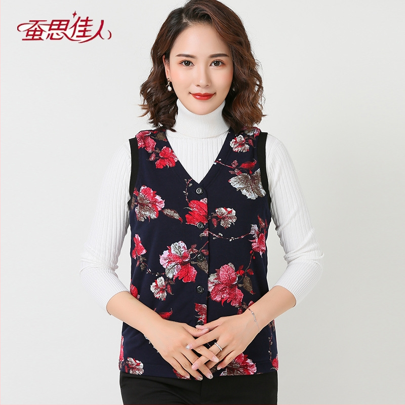 Zimná dámska vesta s výplňou 100% hodvábom morušovým, bavlnený vrchný materiál, maskáčový vzor, pletený, stojaci golier, kardigán štýl