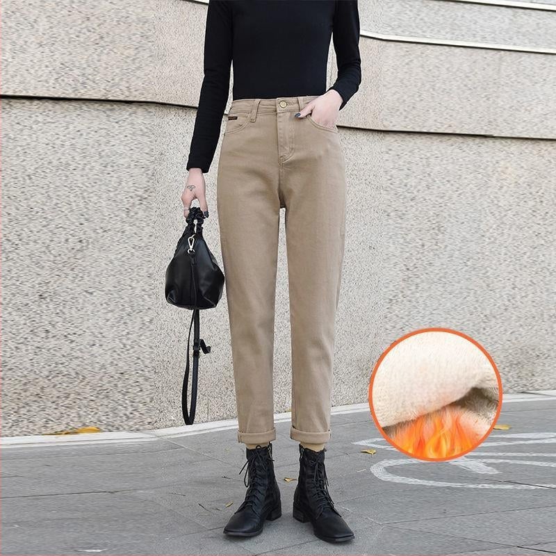 Pantaloni din denim cu căptușeală fleece, talie înaltă, croială dreaptă, lungi, denim gros