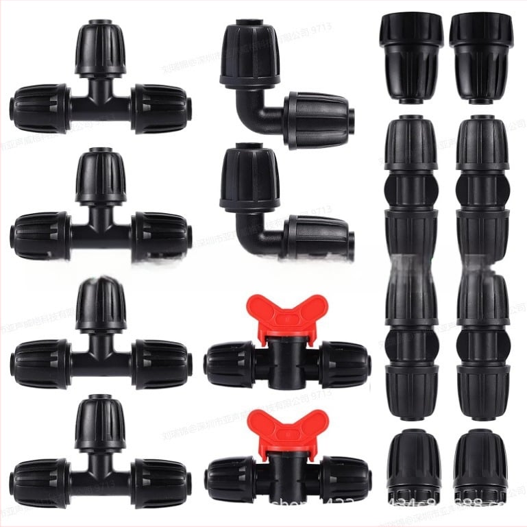 PE водопроводен тръбен конектор — тройник, редуциращ тройник и ъгъл, материал PE/POM, заключваща гайка, за домашна градина и обществени зелени площи