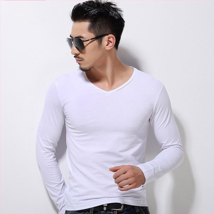 Pánske tričko s dlhými rukávmi, slim-fit, casual štýl, polyesterová tkanina, jednofarebný vzor
