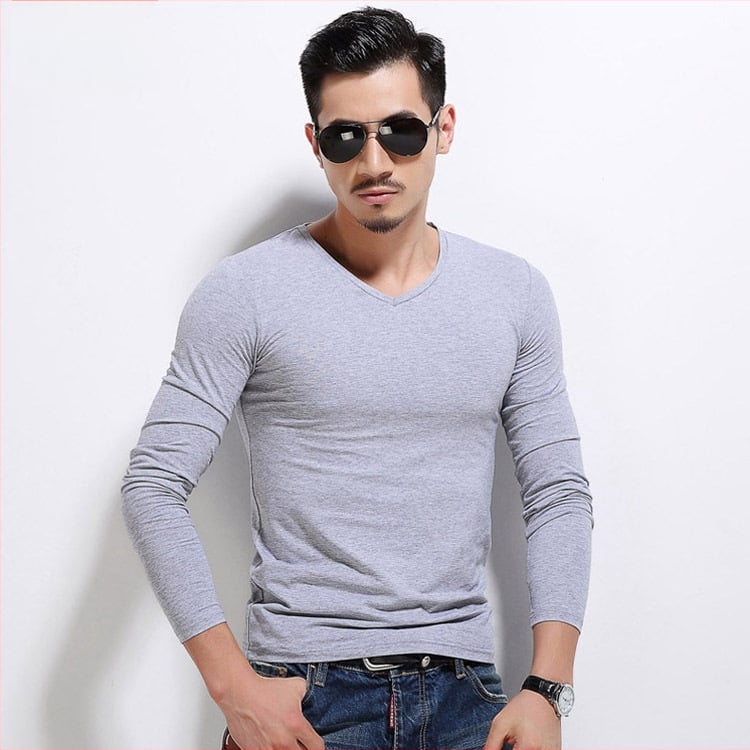 Pánske tričko s dlhými rukávmi, slim-fit, casual štýl, polyesterová tkanina, jednofarebný vzor