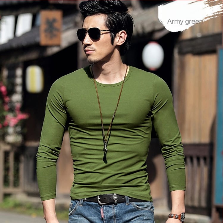 Pánske tričko s dlhými rukávmi, slim-fit, casual štýl, polyesterová tkanina, jednofarebný vzor