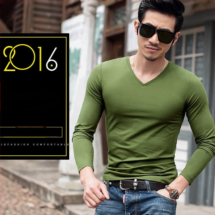 Pánske tričko s dlhými rukávmi, slim-fit, casual štýl, polyesterová tkanina, jednofarebný vzor