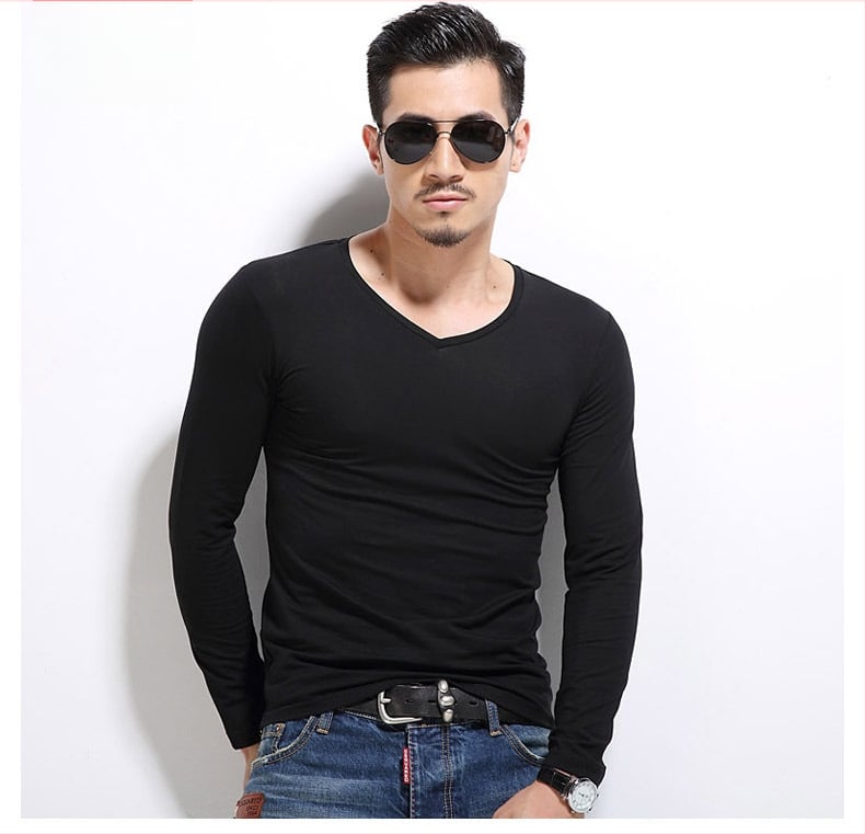 Pánske tričko s dlhými rukávmi, slim-fit, casual štýl, polyesterová tkanina, jednofarebný vzor