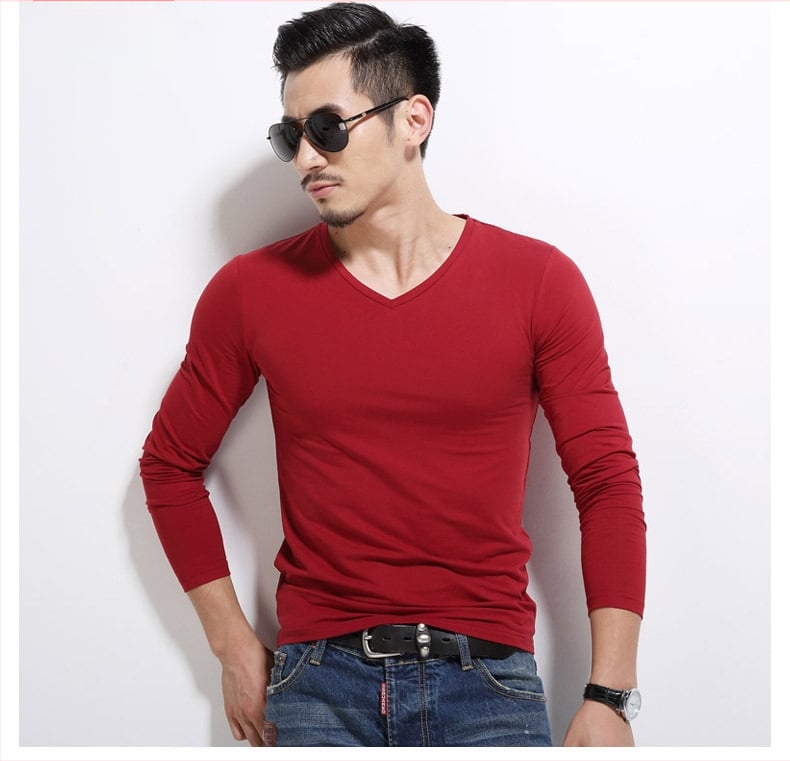 Pánske tričko s dlhými rukávmi, slim-fit, casual štýl, polyesterová tkanina, jednofarebný vzor