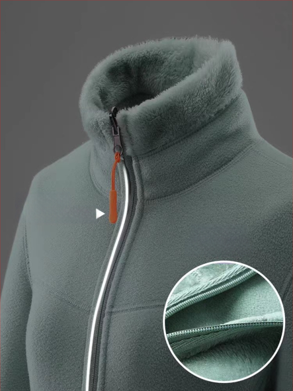 Uniszex polár fleece kabát reverszibil korál fleece bélésével, kardigán stílus, őszi–téli használatra, levehető belső réteg