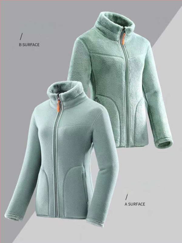 Uniszex polár fleece kabát reverszibil korál fleece bélésével, kardigán stílus, őszi–téli használatra, levehető belső réteg