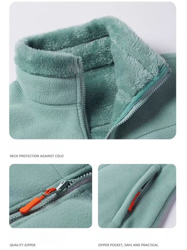 Uniszex polár fleece kabát reverszibil korál fleece bélésével, kardigán stílus, őszi–téli használatra, levehető belső réteg