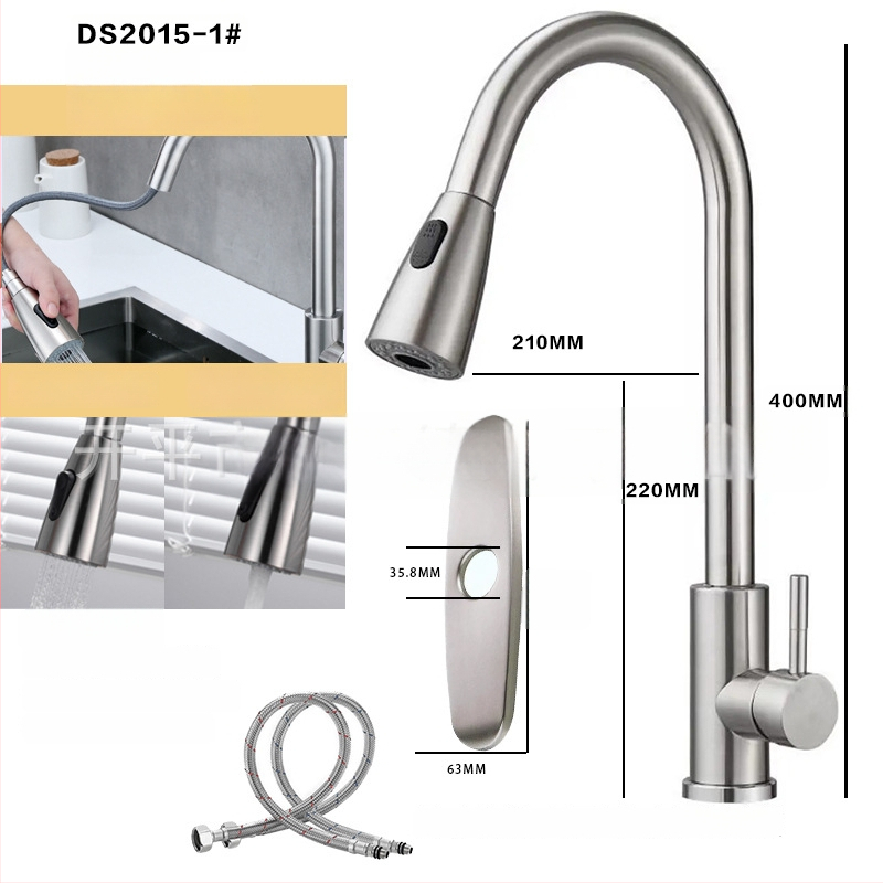 Kuchynský kohút s ťahacím výtokom z 304 nerezovej ocele, horúca a studená voda, otočný výtok, model A-102, vstup 1/2in