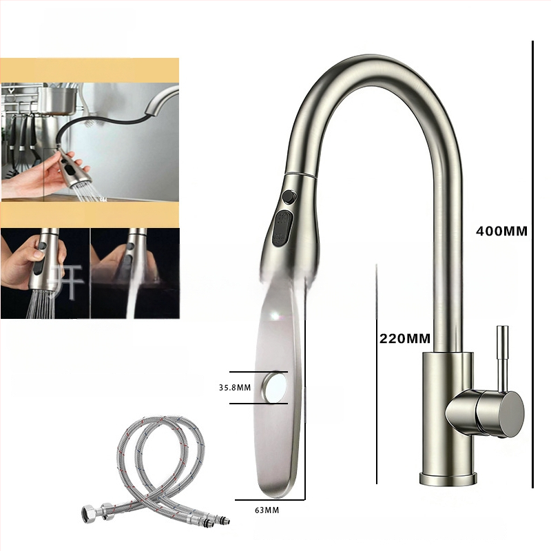 Kuchynský kohút s ťahacím výtokom z 304 nerezovej ocele, horúca a studená voda, otočný výtok, model A-102, vstup 1/2in