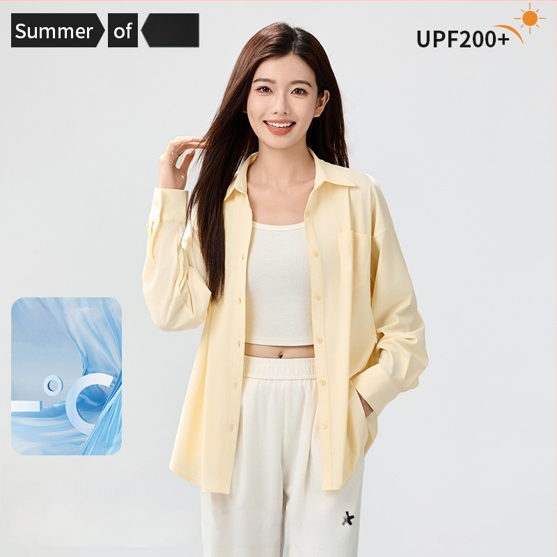 Bluza de protecție solară UPF50+ pentru femei, din nailon/poliamid cu elastan, material Ice Silk răcoritor, croială lejeră, mâneci lungi, subțire, culoare solidă, stil casual japonez-coreean