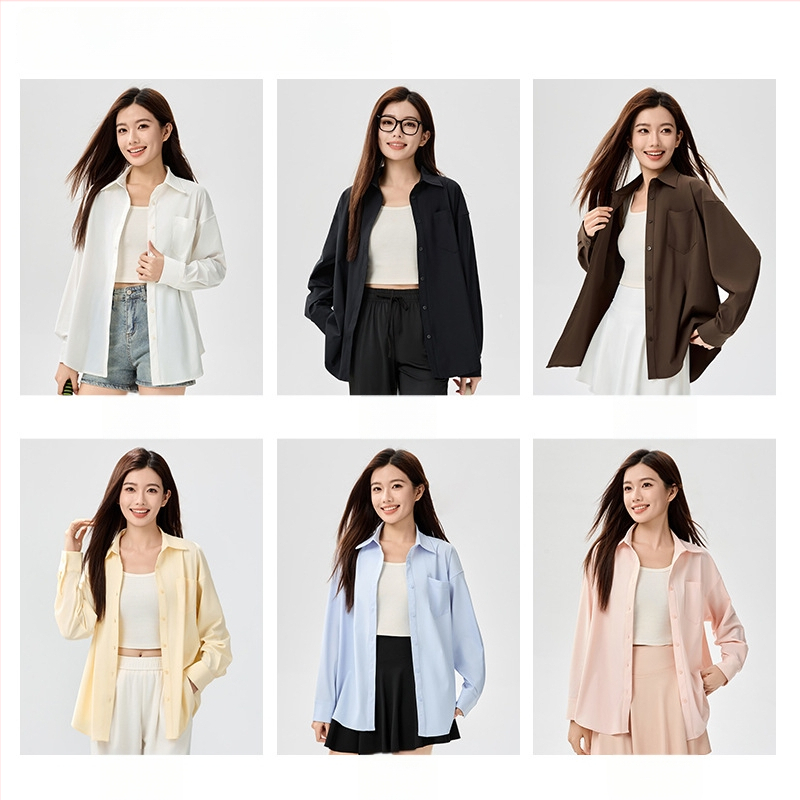 Bluza de protecție solară UPF50+ pentru femei, din nailon/poliamid cu elastan, material Ice Silk răcoritor, croială lejeră, mâneci lungi, subțire, culoare solidă, stil casual japonez-coreean